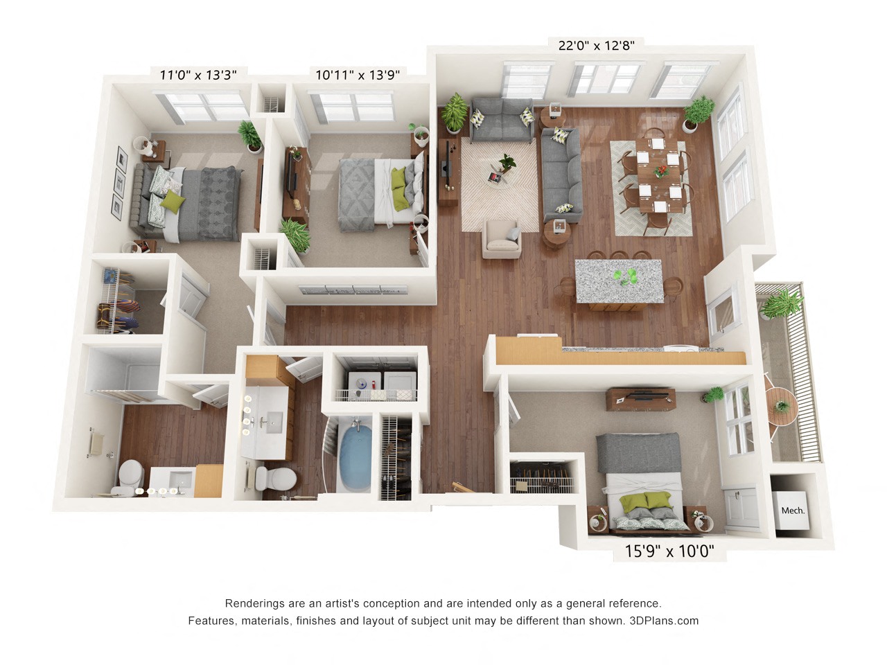 Floor plan for 3 beds, 2 baths, 1321 sqft
